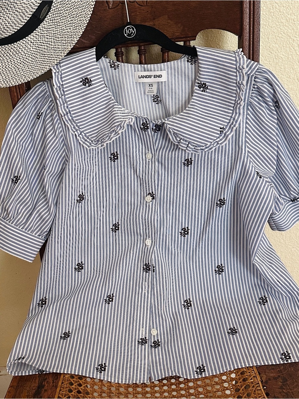 NWOTLands' End No Iron Blue & White Striped Cotton Blouse with Peter Pan Collar